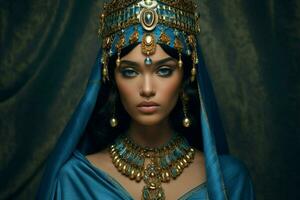 une femme avec une bleu robe et or bijoux sur sa photo