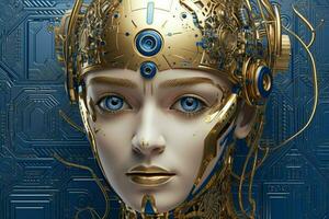 une femme avec une or robot visage et une bleu œil photo