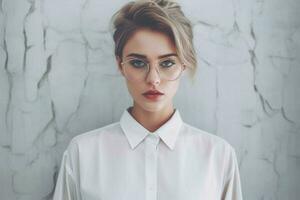 une femme avec des lunettes et une blanc chemise photo