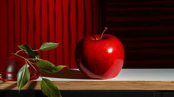 une soigneusement arrangé encore la vie composition avec une rouge Pomme comme le focal indiquer, entouré par complémentaire éléments. ai généré. photo