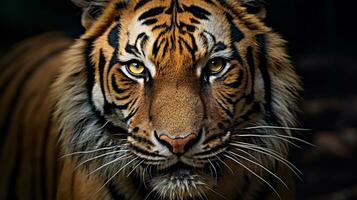 une fermer de une du tigre intense regard, mise en évidence ses perçant yeux et fort faciale caractéristiques, avec un ouvert zone pour texte incorporation. texte espace, ai généré. photo