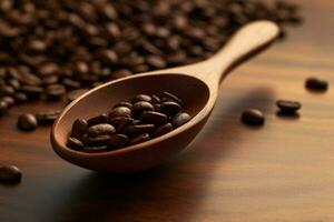 une en bois cuillère boules café des haricots dans une en bois photo