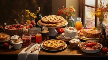 une composition avec une variété de fait maison tartes et vaisselle sur une action de grâces tableau, évoquant le les saveurs et traditions de le vacances. ai généré. photo