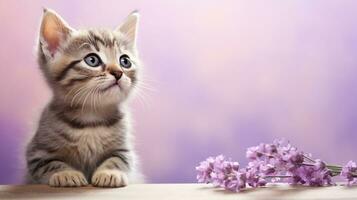 un curieux tigré chaton avec une minuscule rose nez séance à côté de une délicat rose pastel fleur avec espace pour texte, contre une doux lavande arrière-plan, parfait pour ajouter texte. ai généré. photo