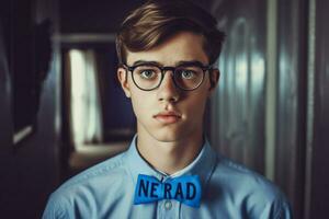 une Jeune homme avec des lunettes sur et une bleu chemise cette photo