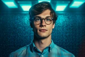 une Jeune homme avec des lunettes sur et une bleu chemise cette photo