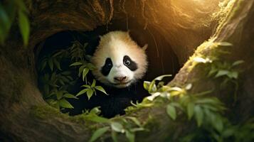 une réconfortant Capturer de une bébé Panda lionceau niché dans une confortable creux de une arbre, avec pommelé lumière du soleil filtration par le feuillage, création une serein atmosphère pour texte placement. ai généré. photo