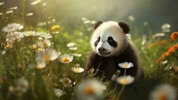 une sucré bébé Panda lionceau séance au milieu de une pièce de fleurs sauvages, avec une texturé forêt sol comme le toile de fond, offre une Naturel et attachant réglage pour ajouter texte. ai généré. photo