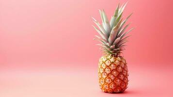 un artistique Capturer de une ananas repos sur ses côté contre une doux pastel rose arrière-plan, offre une minimaliste et moderne scène pour texte placement. ai généré. photo