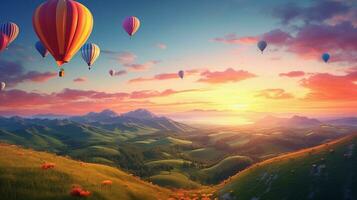 un imaginatif scène de coloré des ballons flottant plus de une serein, texturé paysage avec roulant collines et une doux le coucher du soleil briller. ai généré photo