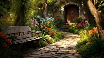 un idyllique jardin chemin de premier plan à une caché jardin banc entouré par luxuriant verdure et vibrant fleurs. le texturé pierre sentier ajoute personnage à le composition. ai généré photo