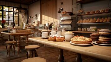 une confortable café réglage avec une boulangerie afficher et fraîchement brassée café, ensemble contre une texturé en bois comptoir. ai généré photo