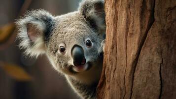 une fermer de une curieuse koala inspecter ses alentours, ensemble contre une texturé arbre écorce toile de fond, offre espace pour texte placement. ai généré photo