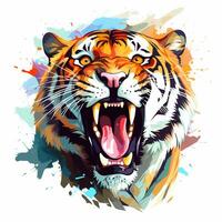 illustration de une rugissement tigre, pastel tétradique couleurs style, mignonne et excentrique, fantaisie art, aquarelle effet, blanc Contexte. ai généré photo