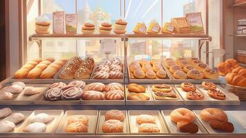 un aérien vue de une boulangerie afficher rempli avec pain, avec une doux pastel Contexte création une harmonieux paramètre. ai généré photo