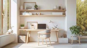 une serein scène capturer le simplicité et Fonctionnalité de une style scandinave Accueil Bureau avec nettoyer lignes, neutre couleurs, et minimaliste ameublement. ai généré photo