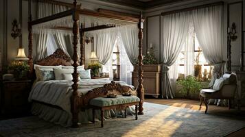 une serein scène capturer le charme de une style victorien chambre à coucher, avec une lit à baldaquin lit, dentelle rideaux, et antique ameublement. ai généré photo