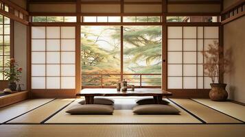 un image mettant en valeur le élégance de une traditionnel Japonais vivant pièce avec tatami tapis sol, shoji écrans, et faible en bois meubles, fournir espace pour texte. ai généré photo