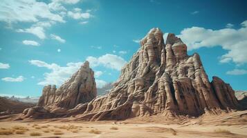 une texturé Roche formation dans une désert paysage en dessous de une clair bleu ciel, adapté pour texte, Contexte image, génératif ai photo