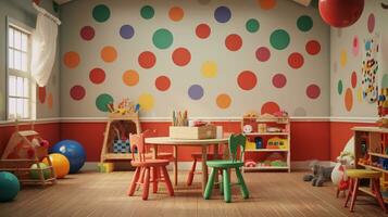 une scène illustrant polka points comme partie de une espiègle enfants environnement, tel comme une garderie ou Salle de classe, fournir espace pour texte, Contexte image, génératif ai photo