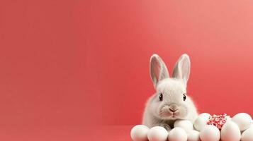 mignonne Pâques lapins sur une lumière rouge Contexte avec espace pour texte sur le côté, Contexte image, génératif ai photo