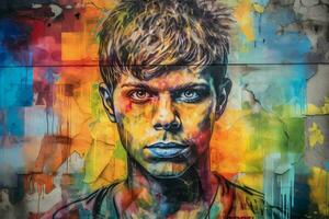 coloré graffiti portrait fresque sur grungy stree photo