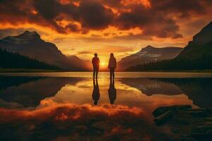 couple Montagne Lac le coucher du soleil photo