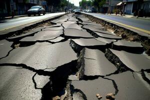 des fissures rue route après tremblement de terre photo