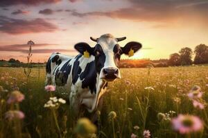 Holstein bétail broute sur rural Prairie beauté photo