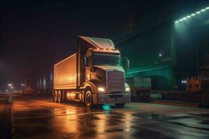nuit camionnage livre cargaison à acier entrepôt photo