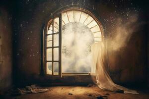fenêtre dans pièce avec surréaliste et mystique vue photo