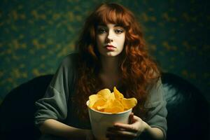 femme en mangeant frites photo