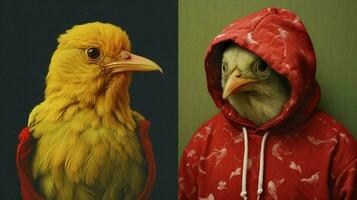 une oiseau avec une sweat à capuche et une sweat à capuche cette dit une b photo