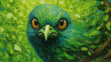 une oiseau avec vert yeux et une vert tête avec une gr photo