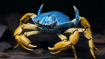 une bleu et or Crabe avec une grand Jaune Crabe sur photo