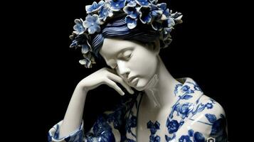une bleu et blanc porcelaine statue de une fille avec photo