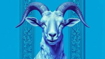 une bleu affiche avec une chèvres visage photo