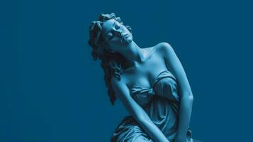 une bleu statue de une fille avec une bleu Contexte photo