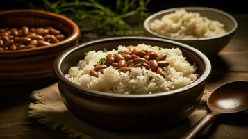 une bol de des haricots et riz avec une côté de des haricots sur photo