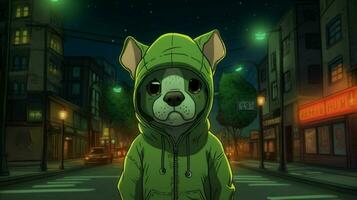 une dessin animé chien avec une vert sweat à capuche et une vert hoo photo