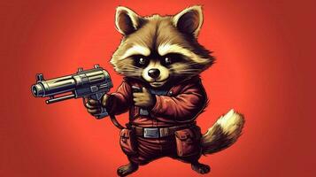 une dessin animé de une raton laveur avec une pistolet dans le sien main photo