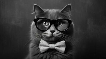 une chat avec une noir bordé des lunettes et une noir arc photo