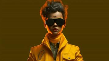 une personnage portant une Jaune veste et lunettes de soleil photo