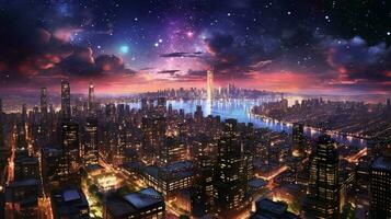 une ville à nuit avec une myriade de lumières et étoiles photo