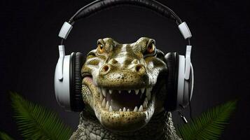 une crocodile avec écouteurs sur le sien tête photo
