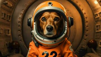 une chien dans un Orange espace costume avec le Nombres photo