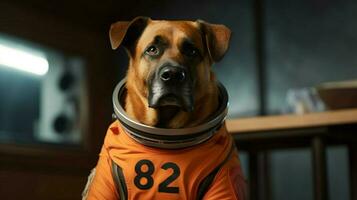 une chien dans un Orange espace costume avec le Nombres photo