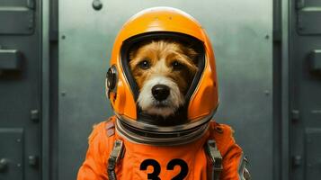 une chien dans un Orange espace costume avec le Nombres photo