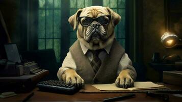 une chien portant des lunettes est assis à une bureau avec une ordinateur photo