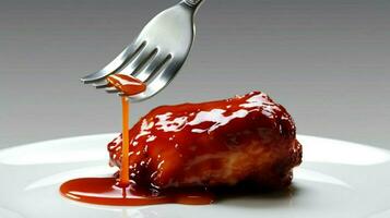 une fourchette avec une pièce de poulet avec un barbecue sauce sur photo